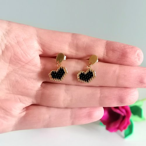 Puces "pendantes" petits cœurs noir et doré en perles miyuki - idée cadeau - bijoux st valentin