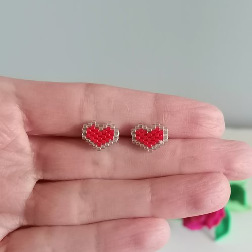 Puces coeur rouge et argenté en perles miyuki - bijoux fantaisie - idée cadeau - bijou st valentin