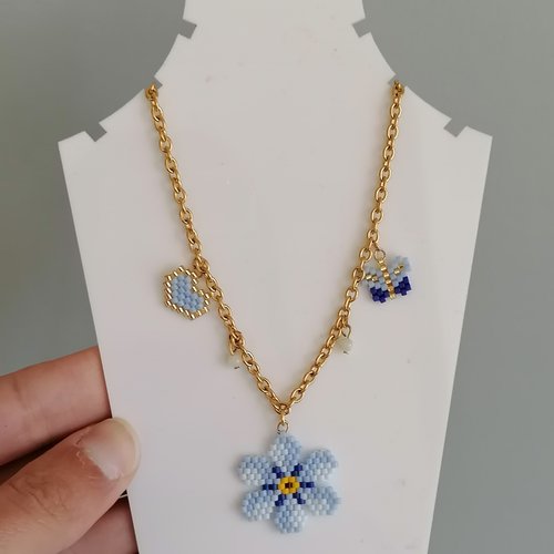 Collier myosotis en perles miyuki, un collier printanier - idée cadeau- fête des mères