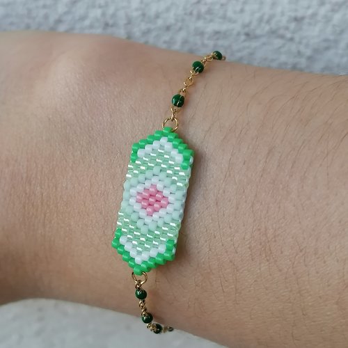 Bracelet géométrique vert "jardin menthe" en perles miyuki
