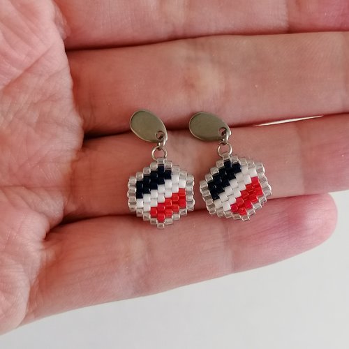Boucles d'oreilles puces pendantes tricolores hexagone argenté en perles miyuki