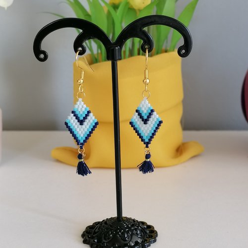 Boucles d'oreilles losange bleu en perles miyuki - bijou été - bijou vacances