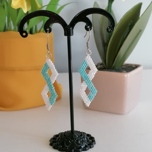 Boucles d'oreilles double losange bleu lagon en perles miyuki - bijou été - bijoux faits main