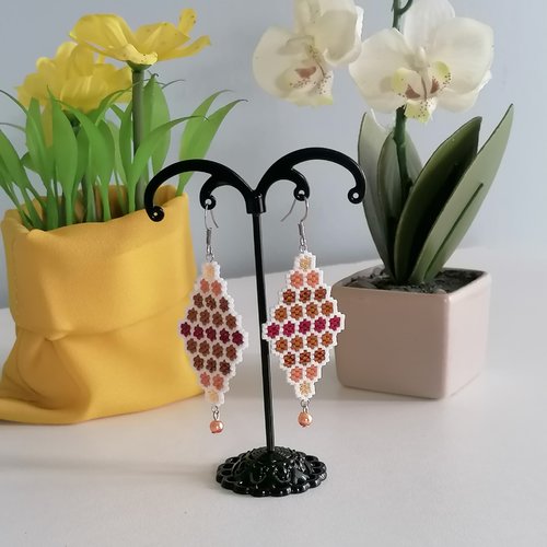 Boucles d'oreilles losange d'automne en perles miyuki - bijou automne - bijou femme- acier inoxydable