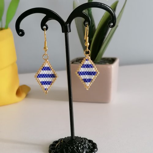 Boucles d'oreilles losange marinière bleu et blanc en perles miyuki - idée cadeau- bijou été
