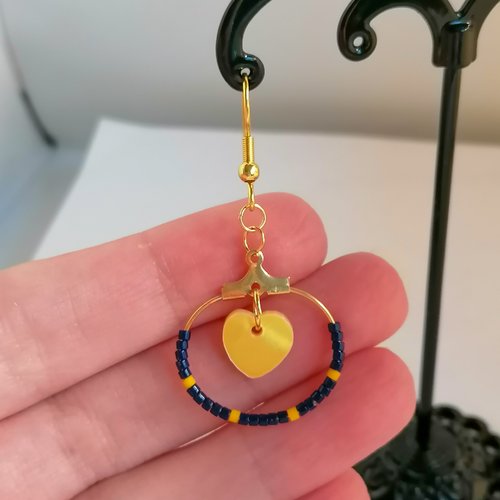 Boucle d'oreille créole cœur jaune - jaune et bleu en perles miyuki