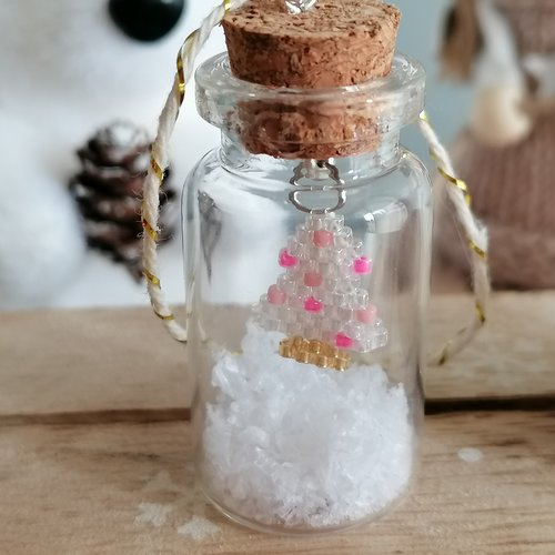 Fiole en verre petit sapin rose en perles miyuki
