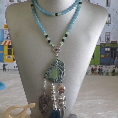 Ravissant plastron sautoir colliers de perles avec connecteur "mésange"