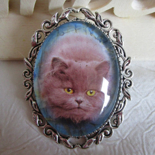 Broche en métal argenté "un adorable chaton rose"