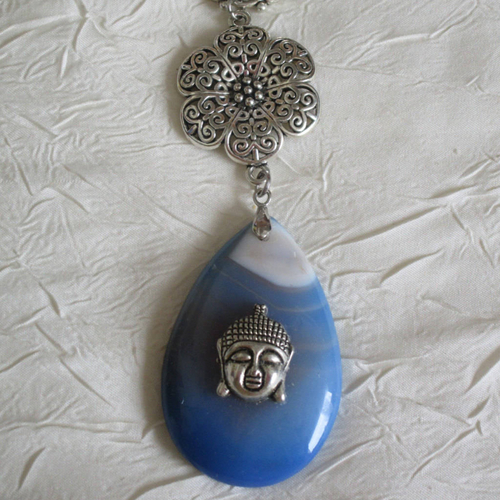 Bijou pour foulard en métal argenté "bouddha sur agate onyx"