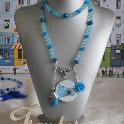 Collier de perles plastron composé « une harmonie de bleu »