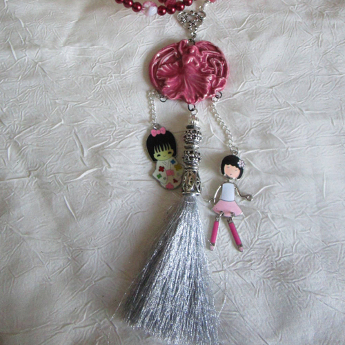 Magnifique collier plastron sautoir avec connecteurs en céramique "des poupées"