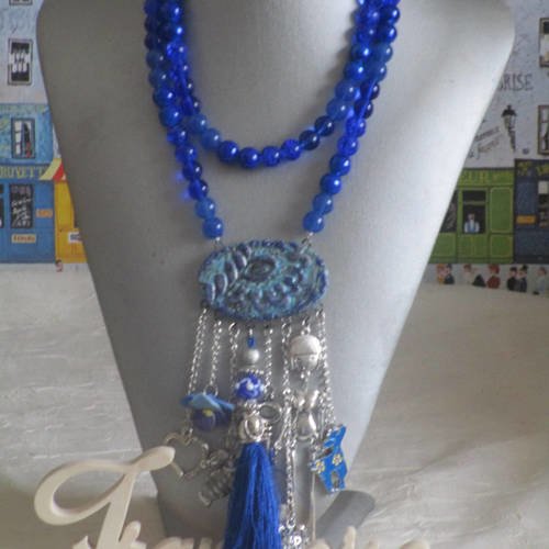 Ravissant collier sautoir hippie chic avec perles de verre et connecteurs en c\u00e9ramique