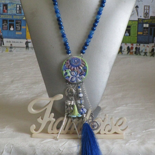 Ravissant collier sautoir hippie chic avec perles de verre et connecteurs en c\u00e9ramique