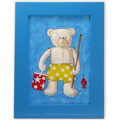 Tableau  cadre enfant ours blanc "pêche à la ligne"