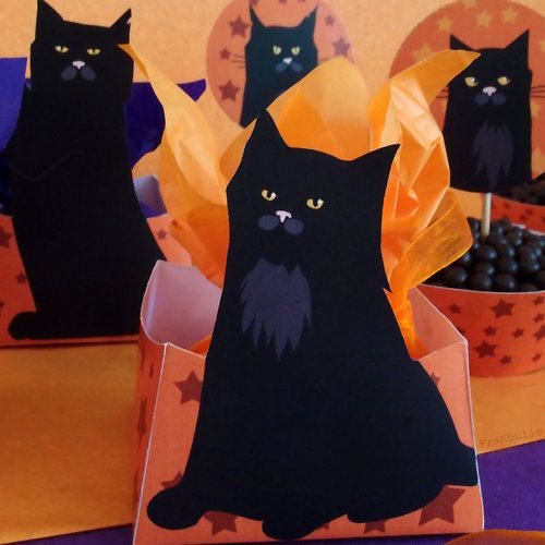 Décoration chats noirs d'halloween, boîtes forme panier chat, fichiers jpg à imprimer téléchargement immédiat