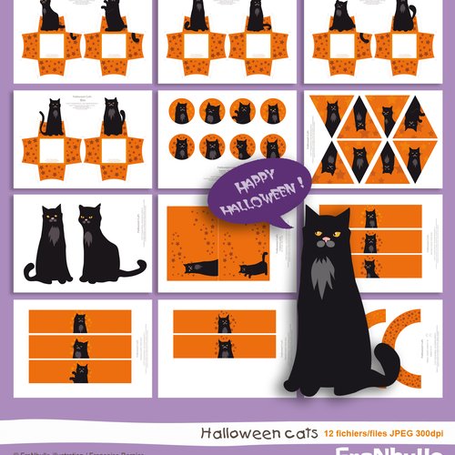 Kit décoration halloween chats noirs, fichiers jpg à imprimer téléchargement immédiat