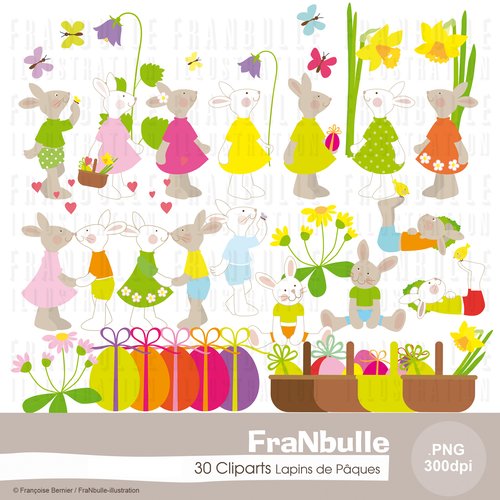 Cliparts de pâques, lapins, œufs et fleurs du printemps, téléchargement immédiat.
