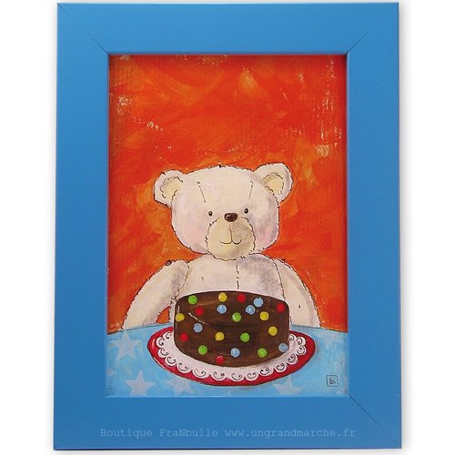 Tableau cadre enfant ours blanc "le gâteau au chocolat"