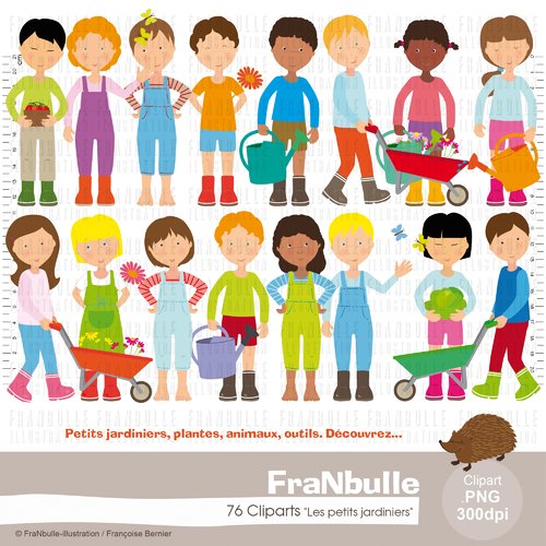 75 cliparts "les petits jardiniers" avec illustrations de plantes, enfants, animaux et outils de jardin.