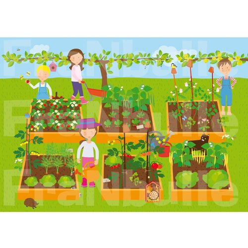 Illustration digitale thème enfants et jardinage. affiche format paysage  a4.