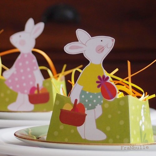 Décoration de pâques, 4 paniers à fabriquer en papier décor lapins, emballage pour œufs en chocolat, 2 tailles de bonbonnière pâques