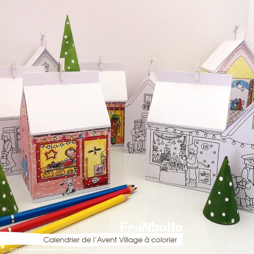 Calendrier de l’avent à colorier pour fabriquer un joli village, fichiers jpg à imprimer, boîtes grand format.