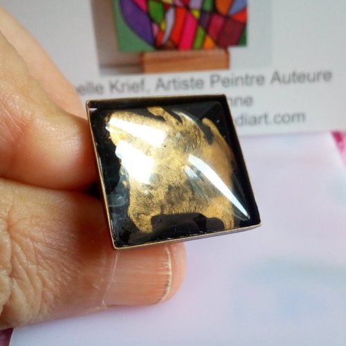 Peint par artiste,bague laiton bronze ajustable avec cabochon en verre carre noir et or,cadeau fete anniversaire noel,fait mains en france