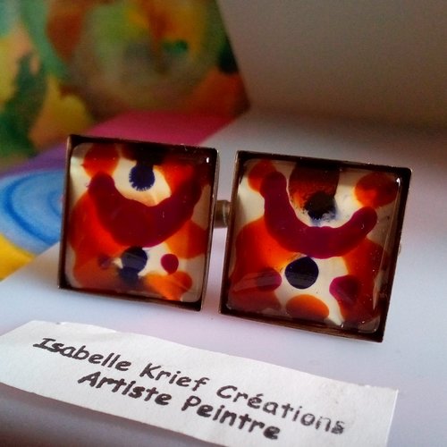 Boutons de manchette carres en laiton bronze avec cabochons en verre peints par artiste,fait mains en france,cadeau fete anniversaire noel