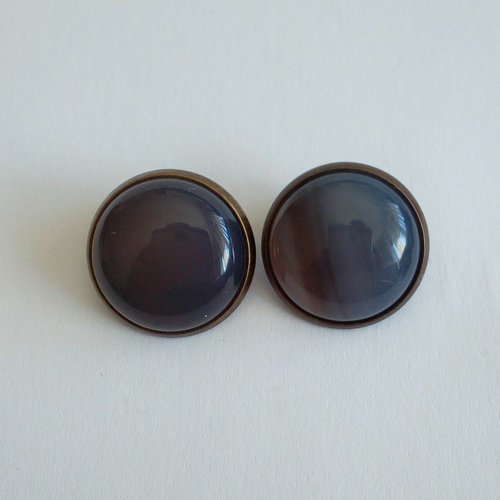 Quartz fumé,clips oreilles laiton bronze avec cabochons ronds 16mm,pierre fine, gris marron,fait mains en france, cadeau fete