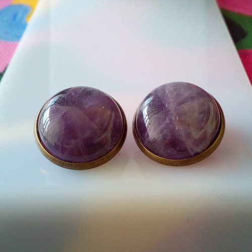 Amethyste,clips oreilles non percees en laiton bronze avec cabochons ronds 16mm,quartz pierre fine,violet,fait mains en france
