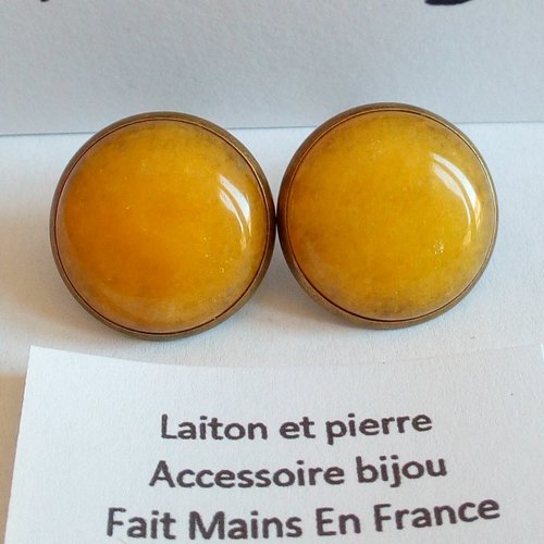 Calcite quartz jaune orange,clips oreilles non percees avec cabochons ronds 20mm,fait mains en france,taureau scorpion,femme ho