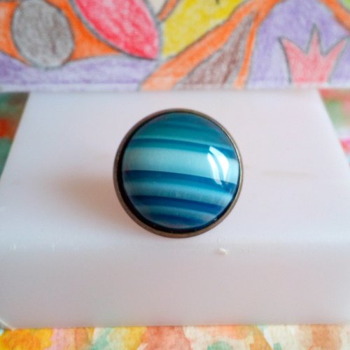 Pins broche laiton bronze avec cabochon rond 18mm agate rayee bleue pierre fine precieuse,cadeau fete anniversaire noel,fait mains en france