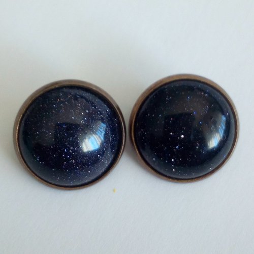 Pierre sable bleu, clips oreilles laiton bronze avec cabochons ronds 16mm,cadeau fete anniversaire noel, fait mains en france