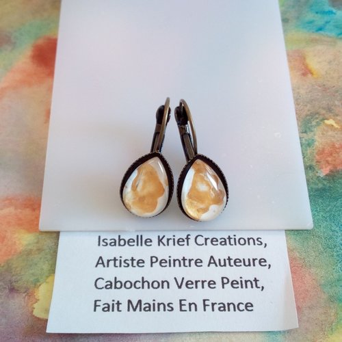 Boucles oreilles pendantes laiton bronze avec pendentif goutte en verre peint abstrait or et nacre blanc perle,fermoir dormeuses,cadeau fete