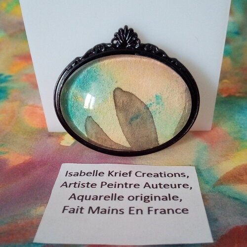 Broche laiton noir coquillage avec cabochon oval aquarelle,cadeau fete anniversaire noel,fete des meres,fait mains en france