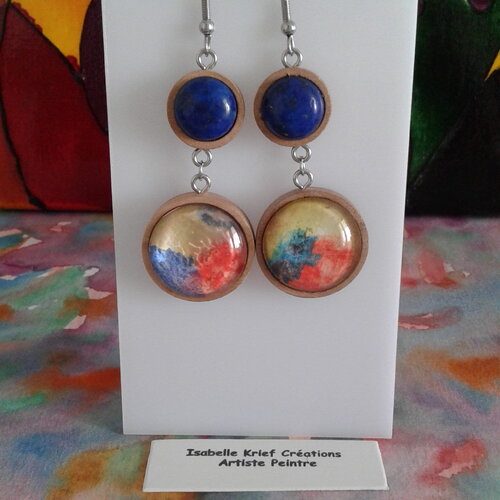 Lapis lazuli,boucles oreilles pendantes en bois acier et pierre precieuse bleue,pendentif aquarelle originale