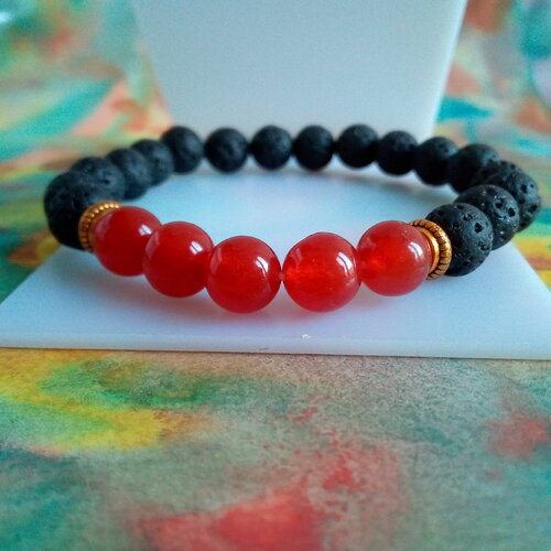 Bracelet cornaline et pierre de lave, perles rondes 8mm, quartz rouge oranger, bijou femme homme unisex,bien etre chakra,boho bobo ethnique