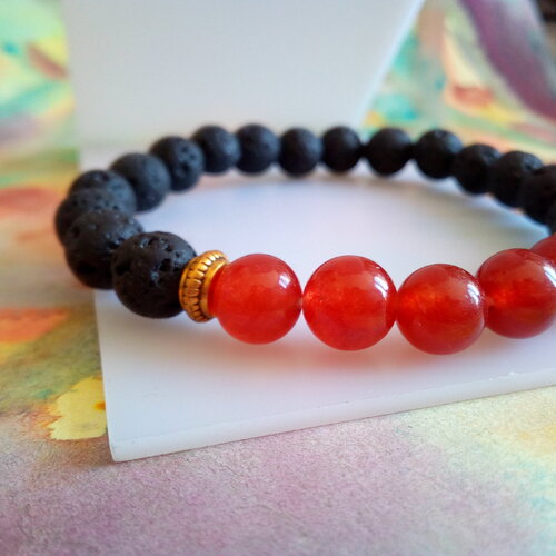 Bracelet cornaline et pierre de lave, perles rondes 8mm, quartz rouge oranger, bijou femme homme unisex,bien etre chakra,boho bobo ethnique