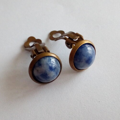 Clips oreilles laiton bronze avec cabochons ronds 10mm sodalite gemme pierre precieuse bleue,cadeau fete anniversaire noel,fait en france