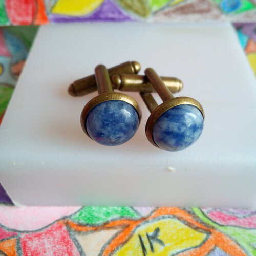 Sodalite,boutons de manchettes laiton bronze avec cabochons ronds 10mm pierre precieuse bleue,fait mains en france,cadeau fete anniversaire