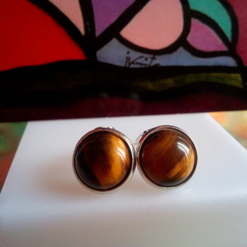Oeil de tigre,clips oreilles non percees laiton argente rhodié,cabochons ronds 12mm,quartz pierre fine,fait mains en france,cadeau fete