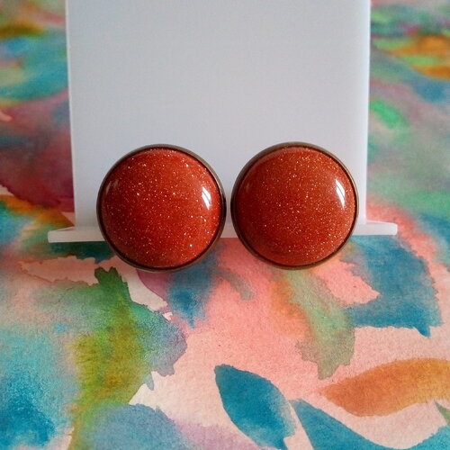 Boutons manchette avec cabochons ronds 20mm pierre de soleil marron scintillant,base laiton bronze