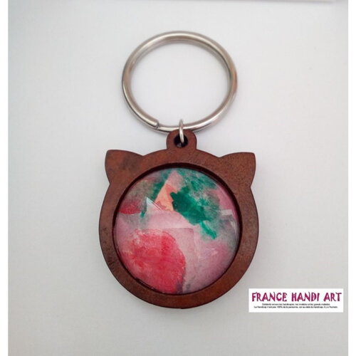 Porte clé chat bois acier,aquarelle originale,artiste peintre française,rouge vert rose,bobo boho abstrait,cadeau fete anniversaire noel