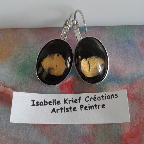 Peinture sur verre,dormeuses argentees avec cabochons ovales noir et or,isabelle krief,art contemporain,cadeau fete anniversaire noel