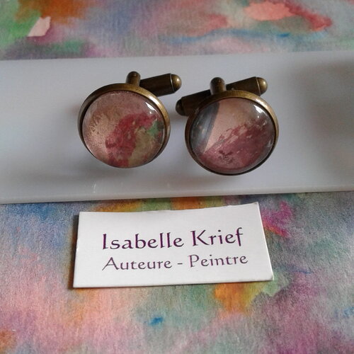 Aquarelle originale ,boutons manchette ronds,rose violet vert bronze,bobo boho gothique,fait mains en france