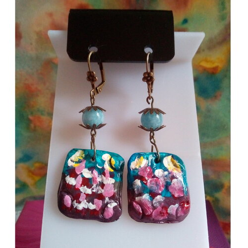 Boucles oreilles dormeuses aigue marine pierre precieuse bleue et pendentif rectangulaire fleuri,fait mains en france par artiste createure