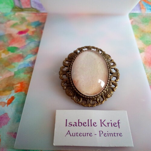 Aquarelle peint par artiste,broche ovale fleur coquillage sirene art nouveau laiton bronze avec cabochon beige orange,fermoir epingle