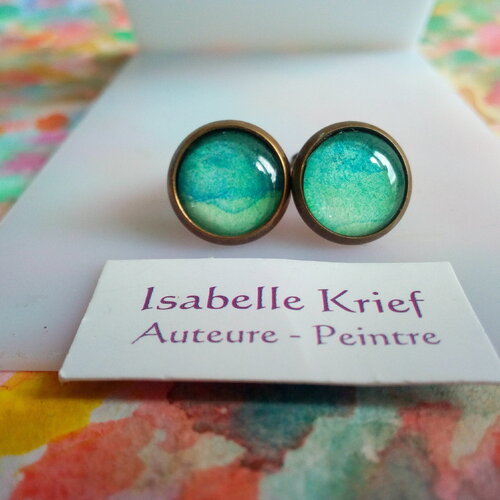 Clips boucles oreilles non percees laiton avec cabochons ronds 10mm aquarelle ooak,peint par artiste,fait mains en france,boho bobo gothique