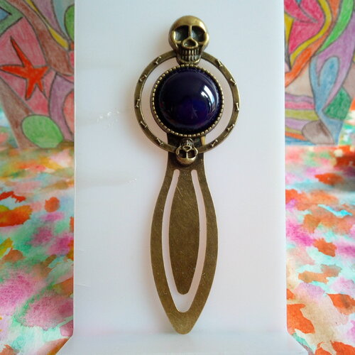 Agate violette,marque page,crane squelette en laiton bronze avec cabochon rond 18mm,quartz pierre fine ,accessoire livre papeterie,